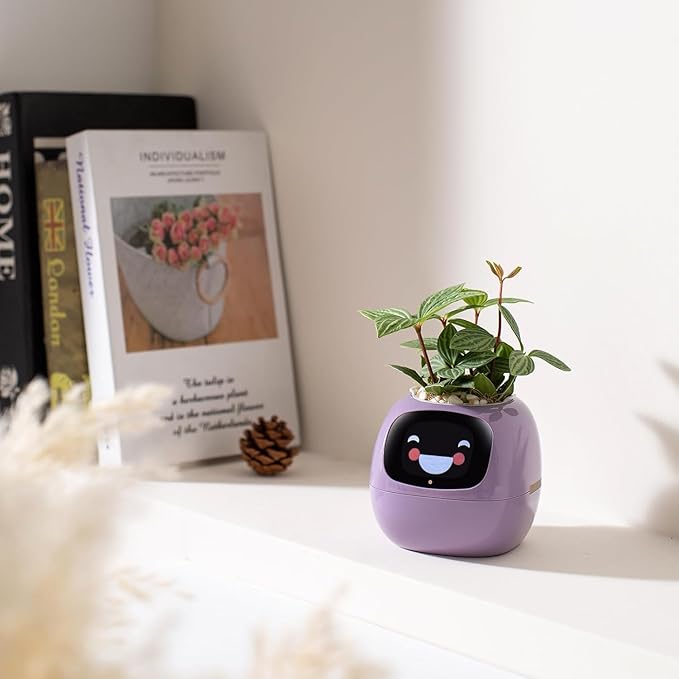 Ivy Intelligent Flower Pot for Home Decoration Plants Companion Neat Desk Setup Gift Smart Pet Planter Robot Guidance on Plant Care with Emojis Pet Friends (Purple)