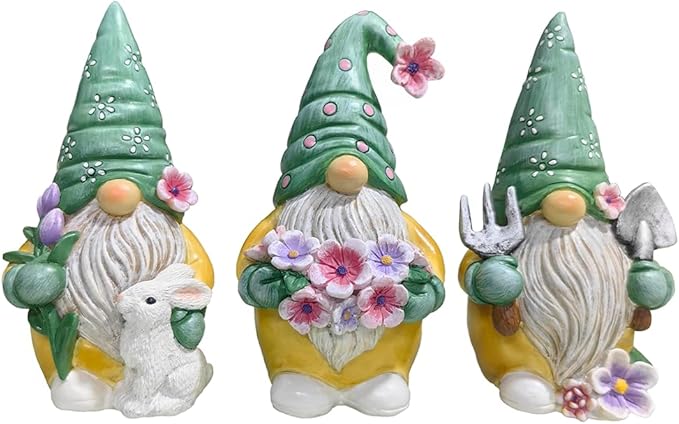 Spring & Summer-Themed Garden Statues – Adorable Outdoor Decor for Lawn, Patio & Porch (Garden Guardians Set of Three 6" Gardening Gnome Figurines, Floral Green and Yellow Statue Decor)