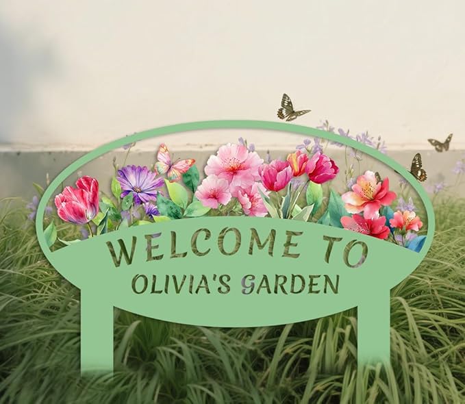 Personalized Butterfly and Flowers Garden Stake,Custom Colorful Flowers Metal Garden Sign,Outdoor Lawn Yard Patio Metal Plaque,Customized Butterfly Gardening Gift style 1