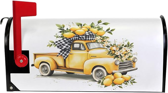 ALAZA Lemon Yellow Old Fashioned Truck Magnetic Mailbox Cover MailWraps Garden Yard Home Decor for Outside Oversized-25.5" x20.8"