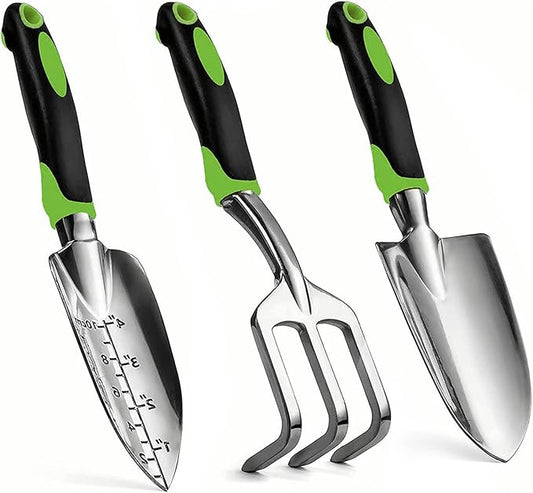 Gardening Hand Tool Set 3 Pack - MDSXO Heavy Duty Gardening Kit with Non-Slip Soft Ergonomic Handle, Great Garden Gift for Women Men[Stainless Steel]