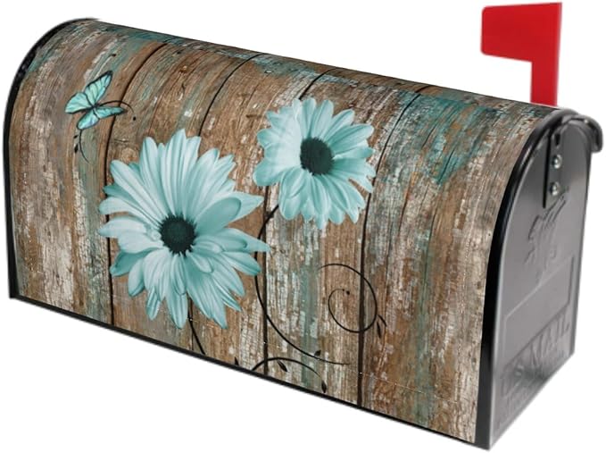 Rustic Daisy Board Mailbox Cover Magnetic, Teal Sunflowers Vintage Wood Grain Plank Mailbox Wrap Letter Post Box Cover for Yard Garden Outside Home Decor, Standard Size 21x18 Inch