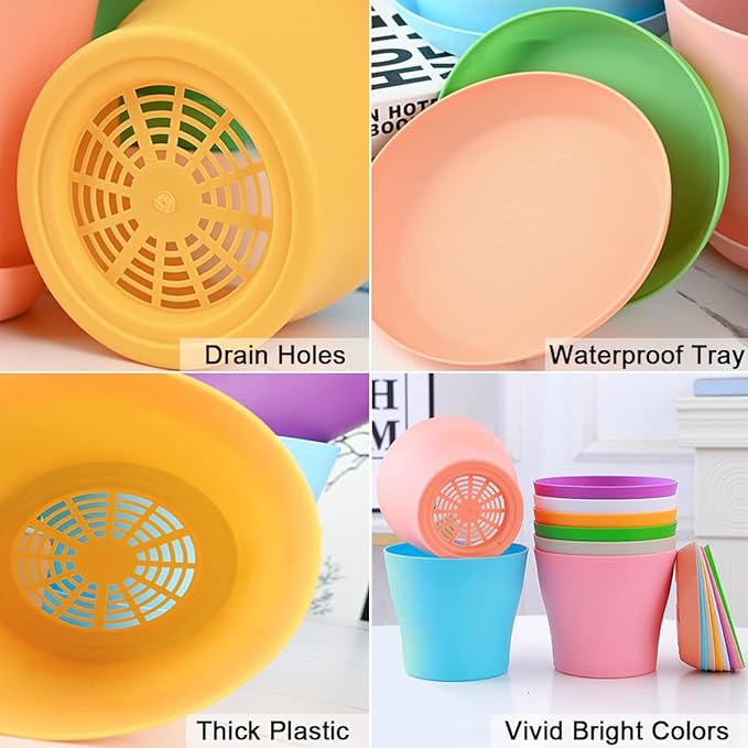 16Pack 5.5" Colorful Plastic Planters - 14CM Small Plastic Flower Pots with Drainage Holes and Tray for Home Garden Flowers Plants
