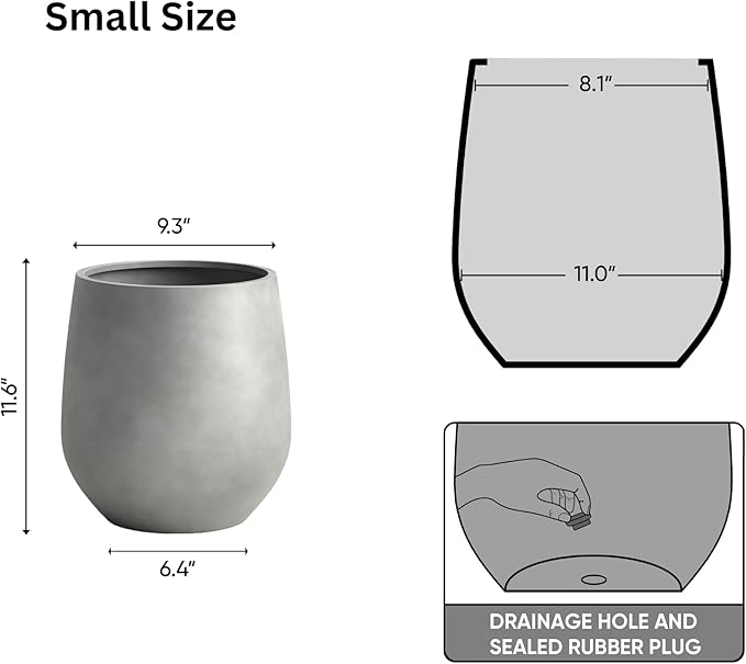 DTY Signature Mount Wilson Lightweight and Durable Modern Fiberstone Tapered Planter for Indoor Outdoor, Drainage Hole & Rubber Plug, Weather Resistant, 11.8" H x 11" Dia, 8" Opening - Small, Gray