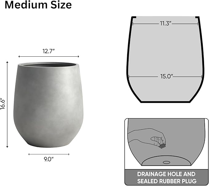 DTY Signature Mount Wilson Lightweight and Durable Modern Fiberstone Tapered Planter for Indoor Outdoor Drainage Hole & Rubber Plug Weather Resistant,16.7" H x 15" Dia, 11.7" Opening - Medium, Gray