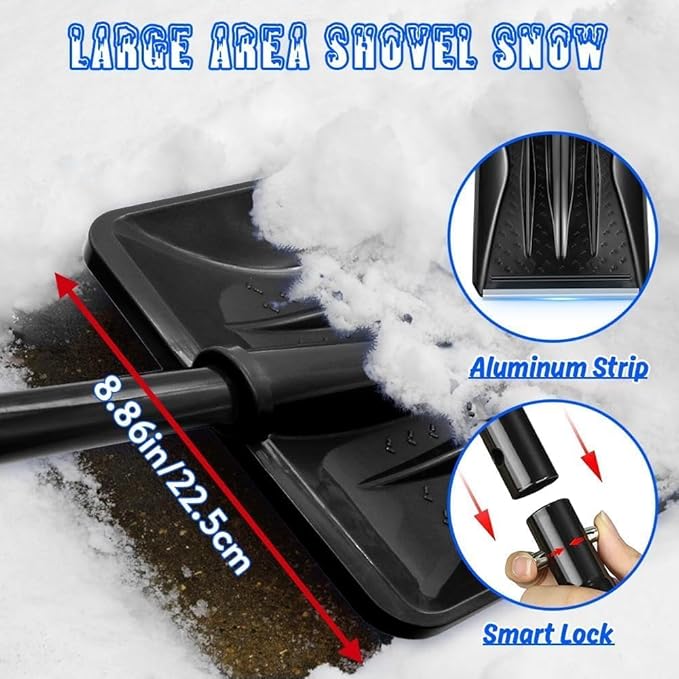 Snow Shovel for Car and Driveway, 42.5 Inch Foldable Lightweight Aluminum Alloy Ice Scraper, Heavy Duty Ergonomic Handle for Emergency Snow Removal, Garden, Black