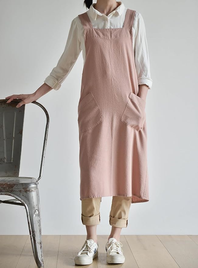 Cotton Linen Apron Cross Back Japanese Smock for Women Cooking With Pockets Pinafore Dress Kitchen Baking Gardening
