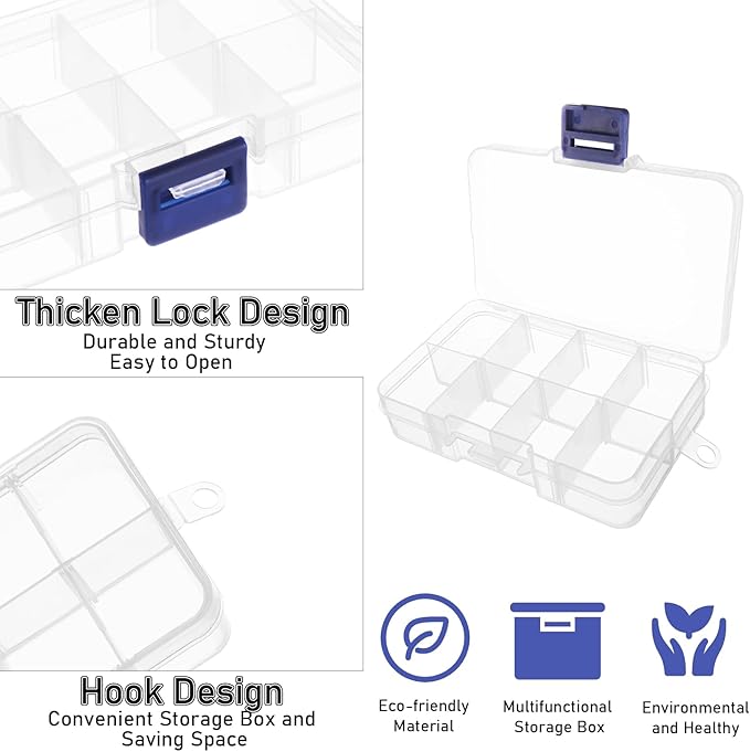 12 Pack 8 Grids Small Plastic Divider Organizer Box, Clear Bead Storage Container with Removable Dividers, Grid Compartment for Small Parts, Screw and Craft, 4.1"x 2.6"x 0.9"