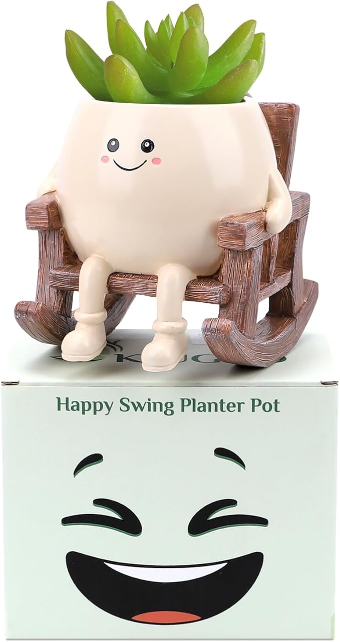 Smily Face Planter Pot, Cute Resin Flower Head Planters for Indoor Outdoor, Unique Sitting Rocking Chairs Succulent Pots, Cute Plant Gifts for Plant Lovers