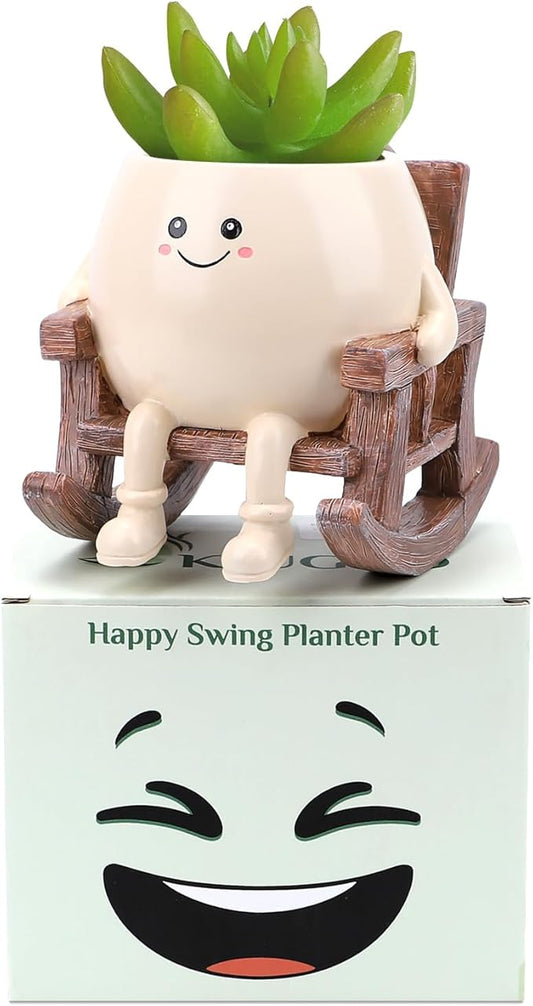 Smily Face Planter Pot, Cute Resin Flower Head Planters for Indoor Outdoor, Unique Sitting Rocking Chairs Succulent Pots, Cute Plant Gifts for Plant Lovers