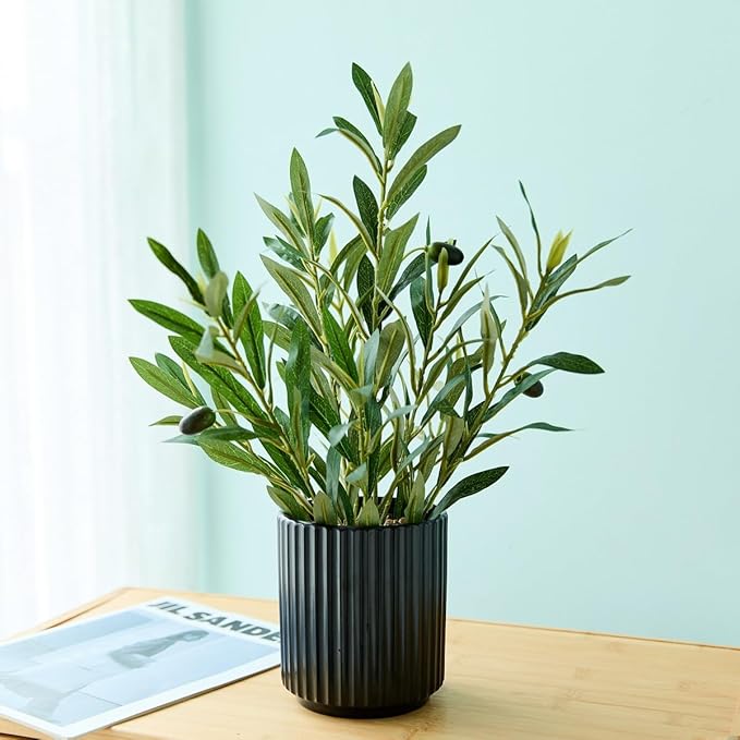 14 inch Artificial Olive Plant Indoor Fake Plants with Ceramic Black Pot Faux Silk Plant with Realistic Trunk Perfect for Home Office Table Decoration