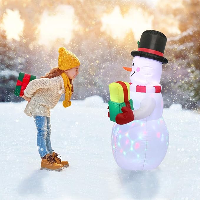 5FT Christmas Inflatables Snowman with Gift Box & Rotating Lights, Build-in LED Lights Blow up Xmas Inflatables Decoration for Yard Garden Lawn (Snowman)