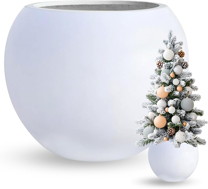 9.7" H x 12" D Globo Fiberstone Round Planter - Christmas Tree Planter, Smooth Finishes, Weather Resistant for Indoor & Outdoor Use, Included 2 Extra Coco Mats (White, 7.8" Pot Opening)
