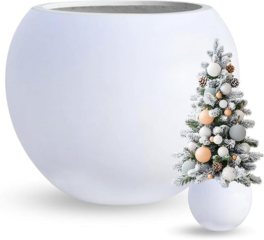 9.7" H x 12" D Globo Fiberstone Round Planter - Christmas Tree Planter, Smooth Finishes, Weather Resistant for Indoor & Outdoor Use, Included 2 Extra Coco Mats (White, 7.8" Pot Opening)