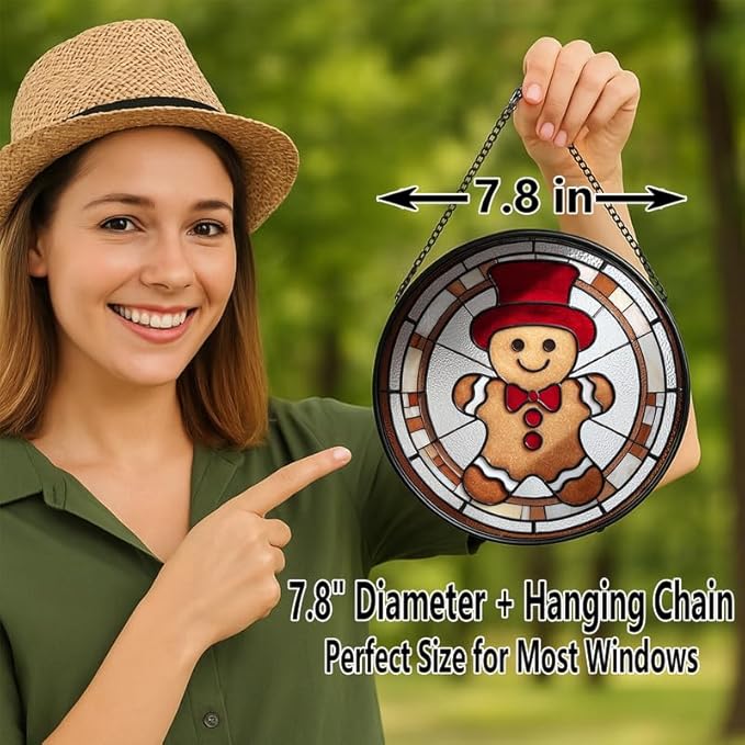 Stained Glass Window Hanging – 7.8 in Gingerbread Man Panel with Chain， Bathroom Front Door Living Room Garden Decor， Christmas for Mom Wife Lovers