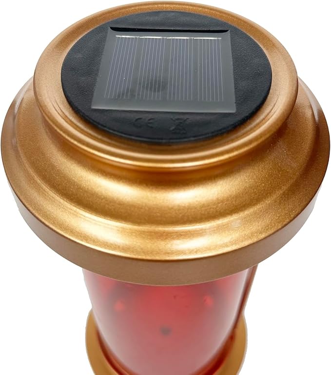 Memorial Garden Decorations with Long Stake, Solar Outdoor Candle Holder for Yard Memorial, Lantern Candle Holder, Fall Solar Lights Outdoor Decorative, Backyard Decor - Gold Metal Frame, Red Acrylic