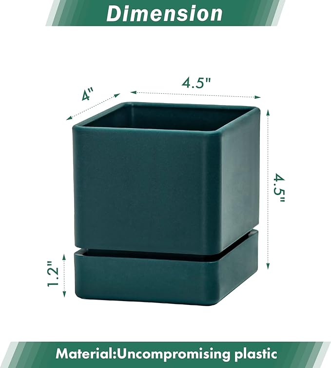 D'vine Dev 4 Inch Herb Planter Pot, Plastic Planter with Drainage Holes and Saucer, Modern Decorative Gardening Pot for Indoor Plants, Flowers, Herbs, Succulents, Green, Set of 2, 76-Y-C-2