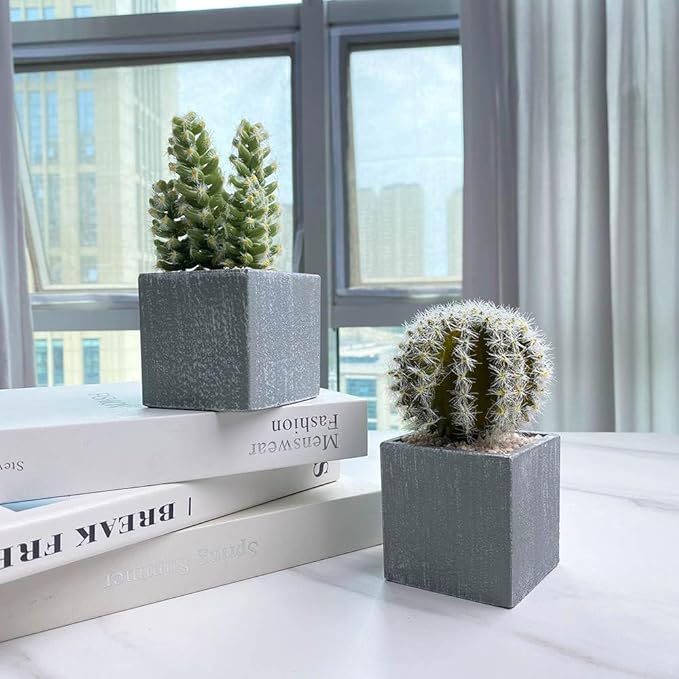 Cactus Artificial Plants in Gray Pots, Realistic Faux Cactus Potted Décor for Home, Office, Kitchen, Living Room, Desk, Shelf, and Indoor Decoration (Spherical)