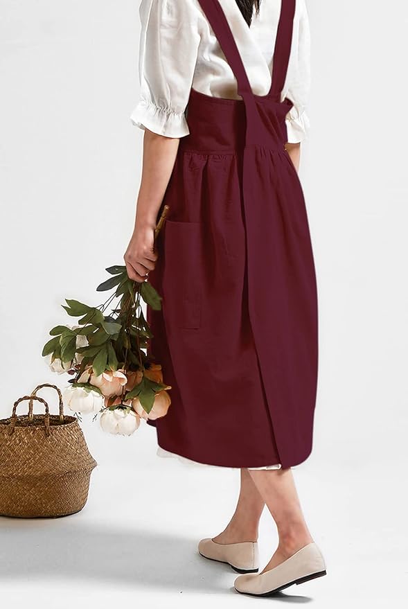 NEWGEM Cotton Linen Cross Back Apron for Women with Pockets Cute Japanese Korean Style Pinafore Dress Purplish Red