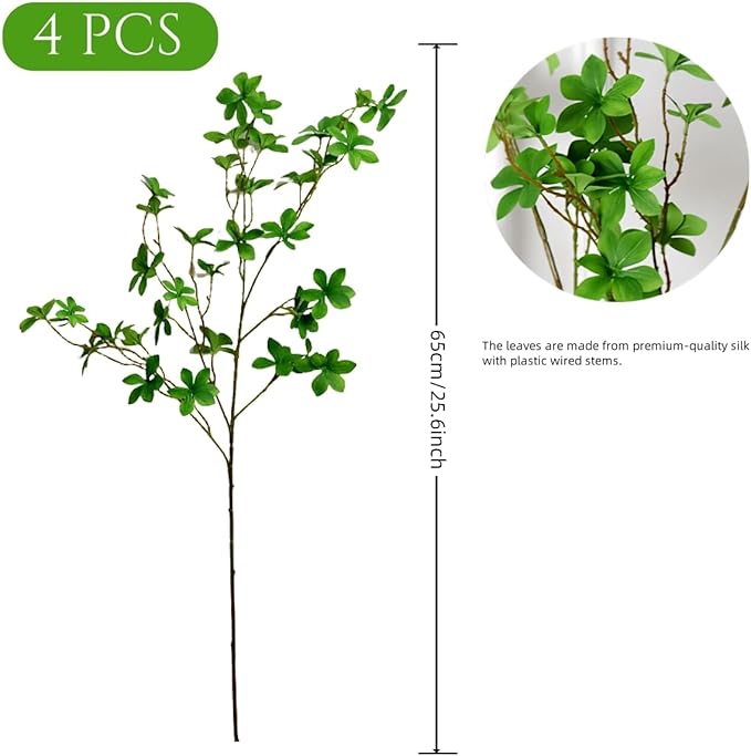 MeDecor 4Pcs Artificial Plants Greenery Stems, 25.6" Tall Faux Ficus Plant Spring Summer Twig Branches Fake Green Plants Stem for Vase Home Party Wedding Garden Office Decorations