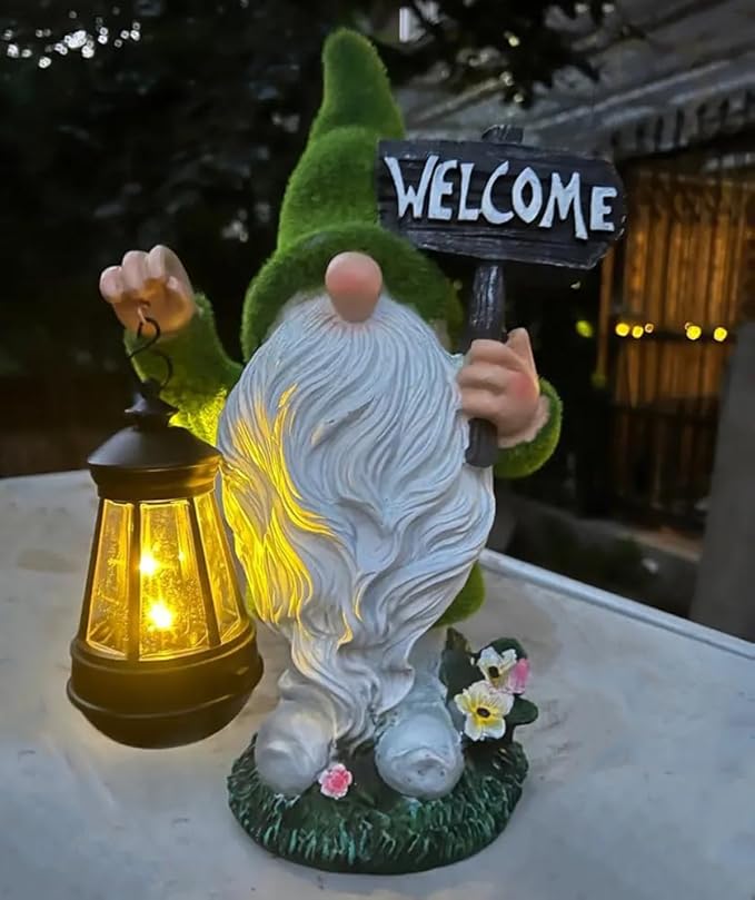 Halloween Fall Welcome Gnomes Statue Gift for Front Door Welcome Figures Solar Decor- Fall Gnomes Statue with Light Lanterna for Outdoor Yard