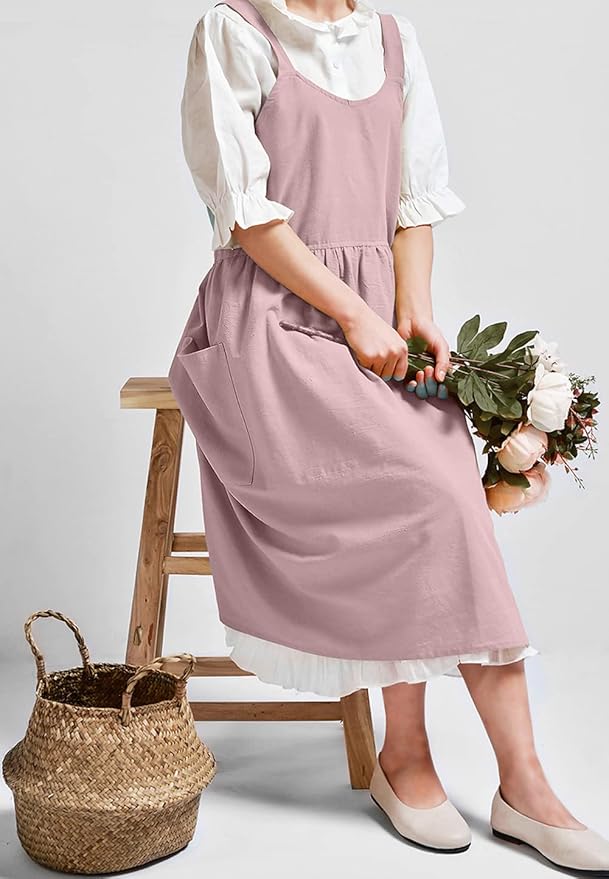 NEWGEM Cotton Linen Cross Back Apron for Women with Pockets Cute Japanese Korean Style Pinafore Dress Pink