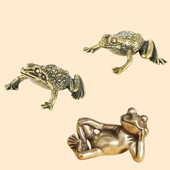 3Pcs Brass Frog Statue Figurine Decor, Retro Mini Copper Snail Statue Home Decoration for Living Room and Desk, Outdoor Pond Garden Lawn Decor Landscaping, Landscape Animal Statue
