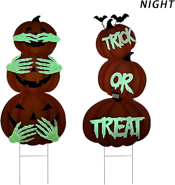 2Pack Glow in The Dark Halloween/Thanksgiving Garden Stakes – Stacked Pumpkin Design, Outdoor Halloween Yard Decorations, Light Up Pathway Markers for Spooky Night