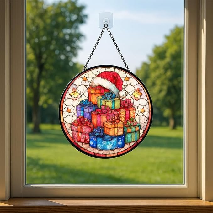 Stained Glass Window Hanging – 6.3 in Stack Panel with Chain， Bathroom Front Door Living Room Garden Decor， Gift for Mom Wife Lovers