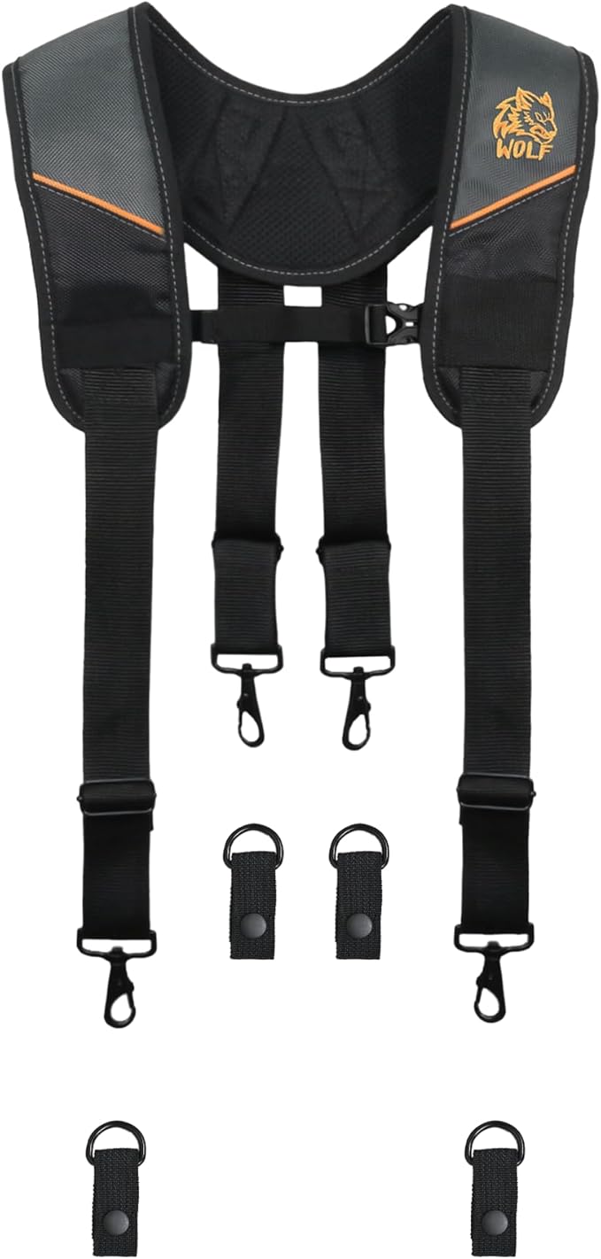 WOLF WTH2115 Padded 4-point Suspenders for Tool Work Belt | Universal Breathable Comfort Lightweight | Contractors Handyman | Pain Stress Relief Weight Distribution