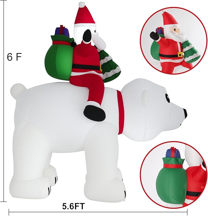 6.5 Ft Christmas Inflatable Polar Bear with Santa Claus and Christmas Tree, 5 Led Build-in LED Lights Blow up Xmas Inflatables Decoration for Yard Garden Lawn Holiday Party (Polar Bear)
