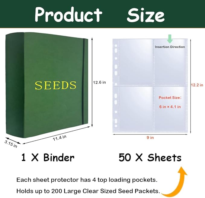 Extra Large Seed Storage Organizer Binder with 200 Clear Pockets(50 Pack Sheet Sleeves), 3 Ring Seed Packet Organizer, D-Ring Garden Seed Holder Book for Seed Envelopes, Plant Saver Flower Keeper