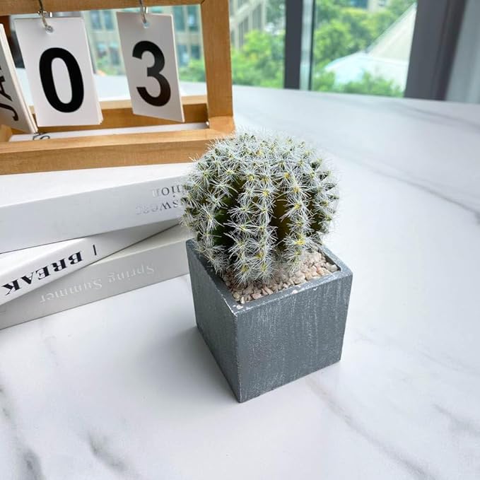 Cactus Artificial Plants in Gray Pots, Realistic Faux Cactus Potted Décor for Home, Office, Kitchen, Living Room, Desk, Shelf, and Indoor Decoration (Spherical)