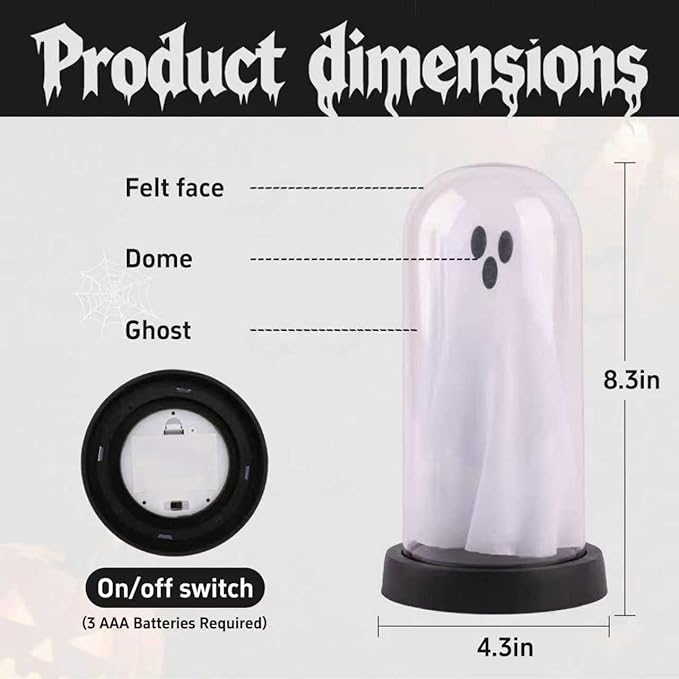 Halloween Decorations Indoor, Light Up Ghost in Transparent Dome Cloche, Cute Spooky Ghost Decor for Tabletop Mantel Display and Holiday Decorations