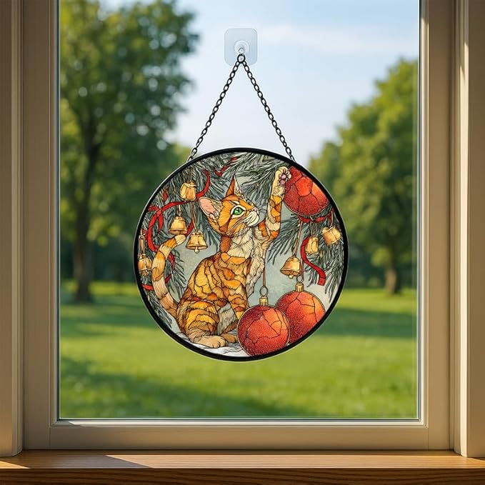 Stained Glass Window Hanging – 11.8 in Cat and Christmas Ornaments Panel with Chain， Bathroom Front Door Living Room Garden Decor， Gift for Mom Wife Lovers