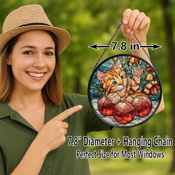 Stained Glass Window Hanging – 7.8 in Orange Cat with Christmas Balls Panel with Chain， Bathroom Front Door Living Room Garden Decor， Gift for Mom Wife Lovers