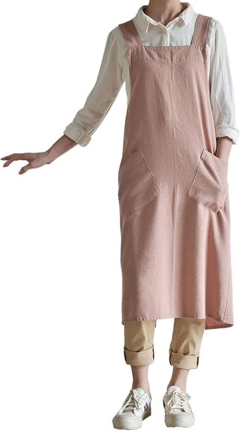 Cotton Linen Apron Cross Back Japanese Smock for Women Cooking With Pockets Pinafore Dress Kitchen Baking Gardening