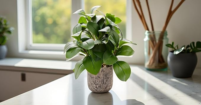 Indoor Faux Ficus Plant 13.5 inch Artificial Greenery in Rustic Cement Planter Realistic Dark Green Leaves with Textured Pot Maintenance-Free Small Fake Plant for Home Office Decor