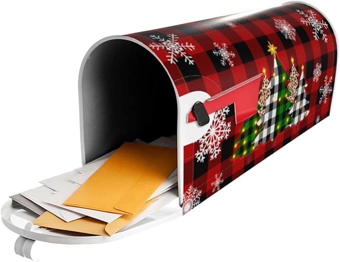 Christmas Tree Mailbox Covers Magnetic Red Black Buffalo Plaid Mailbox Post Cover Winter Snowflakes Post Wrap Standard Size 18 X 21