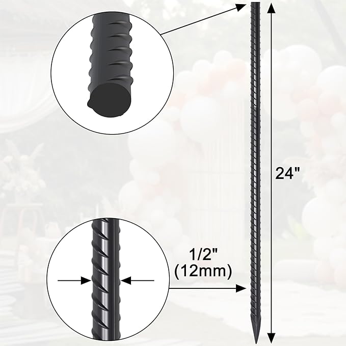 24 Pack Straight Rebar Stakes 24 Inch Metal Stakes for Ground Heavy Duty with Chisel Point End 1/2 Inch Diameter Landscape Timber Spikes for Plant Support, Concrete Form and Fence, Black