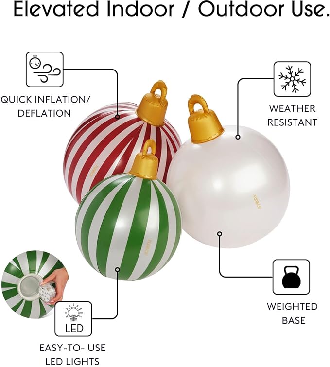 FUNBOY Giant Inflatable Light-Up Classic Christmas Ornaments, 3 Giant Sizes 24'', 22'' and 16.5'' Indoor/Outdoor (3 Pack)