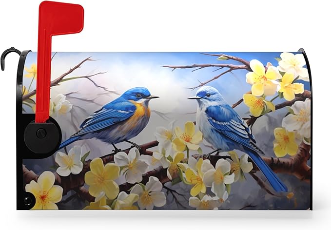 Spring Mailbox Covers Magnetic Standard Size Bluebirds Mailbox Post Cover Summer Floral Bird Mailbox Wraps Bluebird Decor Waterproof for Garden Yard 21x18 Inch