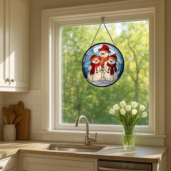 Stained Glass Window Hanging – 7.8 in Snowman Family Panel with Chain， Bathroom Front Door Living Room Garden Winter Holiday Decor， Gift for Mom Wife Lovers