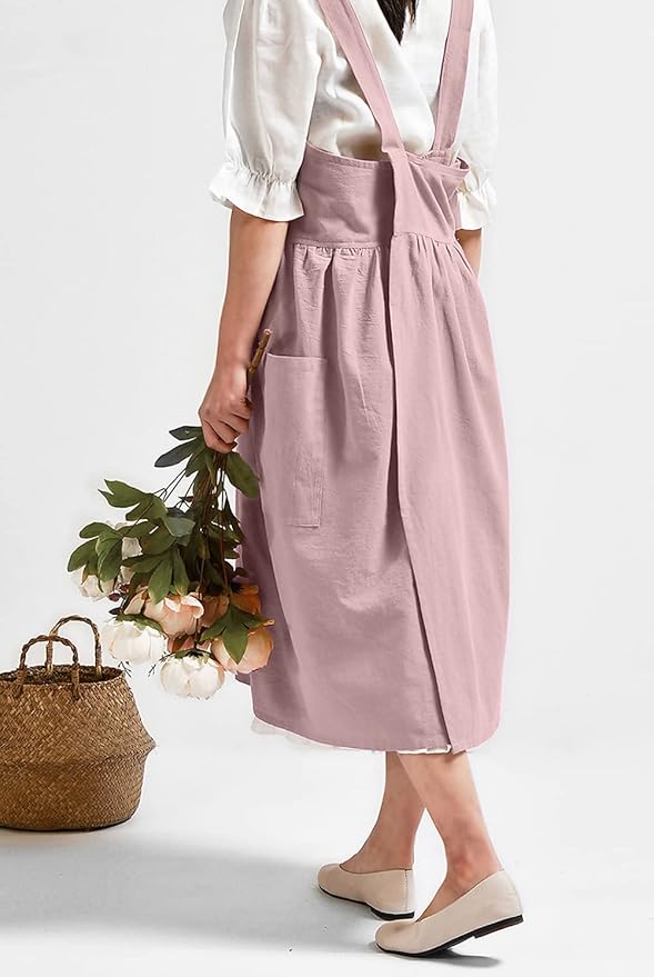NEWGEM Cotton Linen Cross Back Apron for Women with Pockets Cute Japanese Korean Style Pinafore Dress Pink