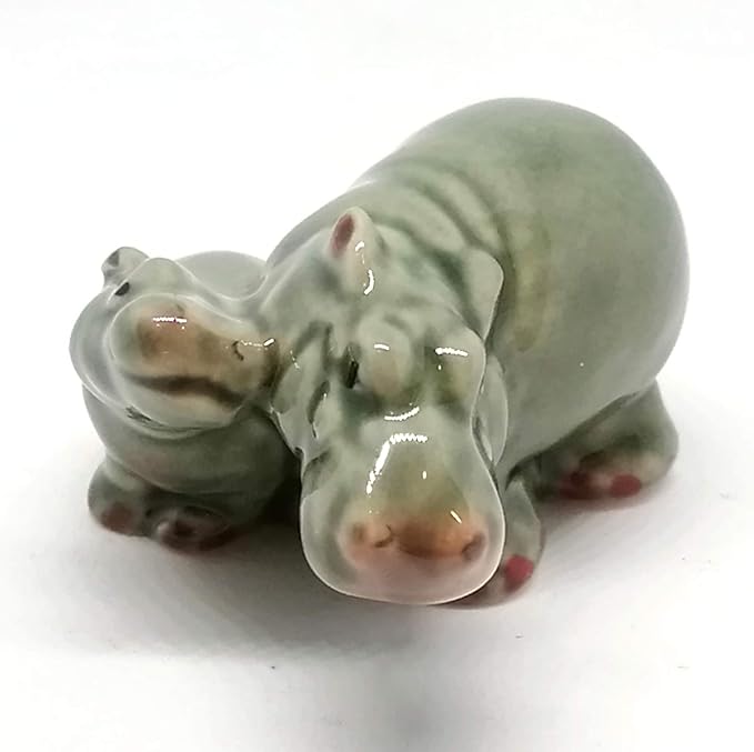 ZOOCRAFT Ceramic Hippo Figurine Mom and Baby Hand Painted Porcelain Terrarium Garden Decor Collectibles