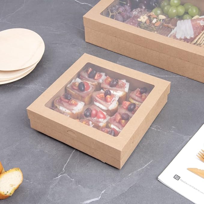 Restaurantware Cater Tek 9 x 9 x 2.4 Inch Catering Boxes 10 Insert Tab Lock Baked Goods Boxes - Window Lids Easy Assembly Kraft Paper Window Pastry Boxes For Charcuterie Or Cupcakes