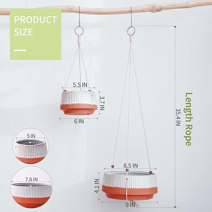 Hanging Ceramic Planters 5.5 + 8.5 Inch Set of 2 with Rope and Hook, Indoor Outdoor Hanging Flower Pots Basket Planter Holder for Home Garden, Aquatic Plants, Without Drainage Hole