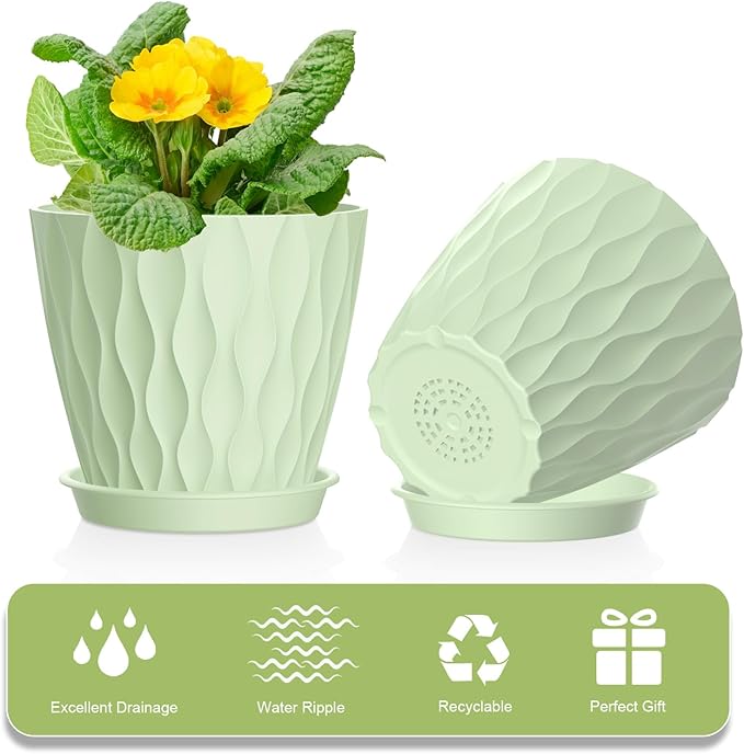 12 Pack 4 Inch Small Plant Pots with Saucers, Waffle Texture Plastic Planters with Drainage Holes for Indoor and Outdoor Plants, Flowers, Herbs, Succulents, and Seedlings, Green
