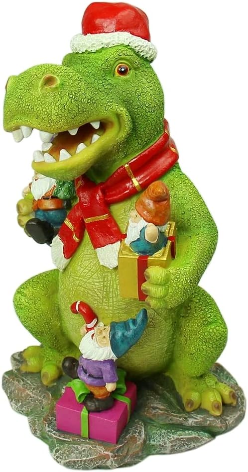 Garden Gnome Statue, Christmas T Rex Dinosaur Statue Figurine Ornament, 10” Dinosaur Gnomes Outdoor Garden Christmas Decorations