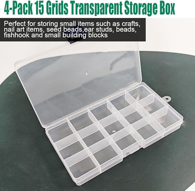 4 Pcs 15 Grids Clear Organizer Box Plastic Storage Container with Fixed Dividers Black Buckle for Electronics Jewelry Beads Art DIY Crafts Fishing Small Parts